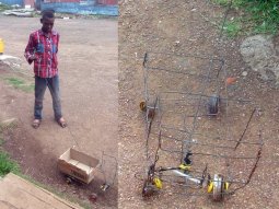 Les enfants fabriquent leurs jouets. Remarquez la commande de direction du véhicule, avec la tringle qui entraîne l'orientation des roues. Ici à Semonkong.