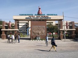 L'entrée de l'Université d'Oromia à Ziway. Le nom est écrit en trois langues.